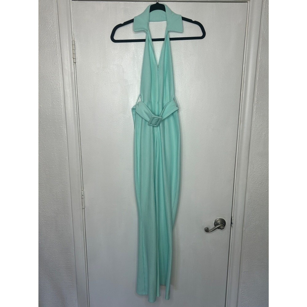 ASOS Ribbed Zip Front Collared Retro Flared Blue Jumpsuit with Belt US 0 - Picture 2 of 7